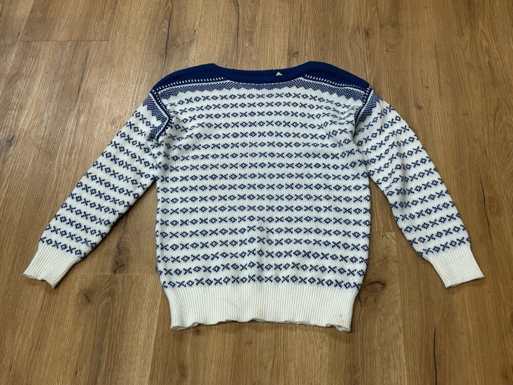 Vintage Novelty Print Nordic Fair Isle Knit Sweater Blue White XO Retro MED -
